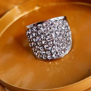 Pave style 8.5 adjustable silver tone cz encrusted‎ statement costume ring